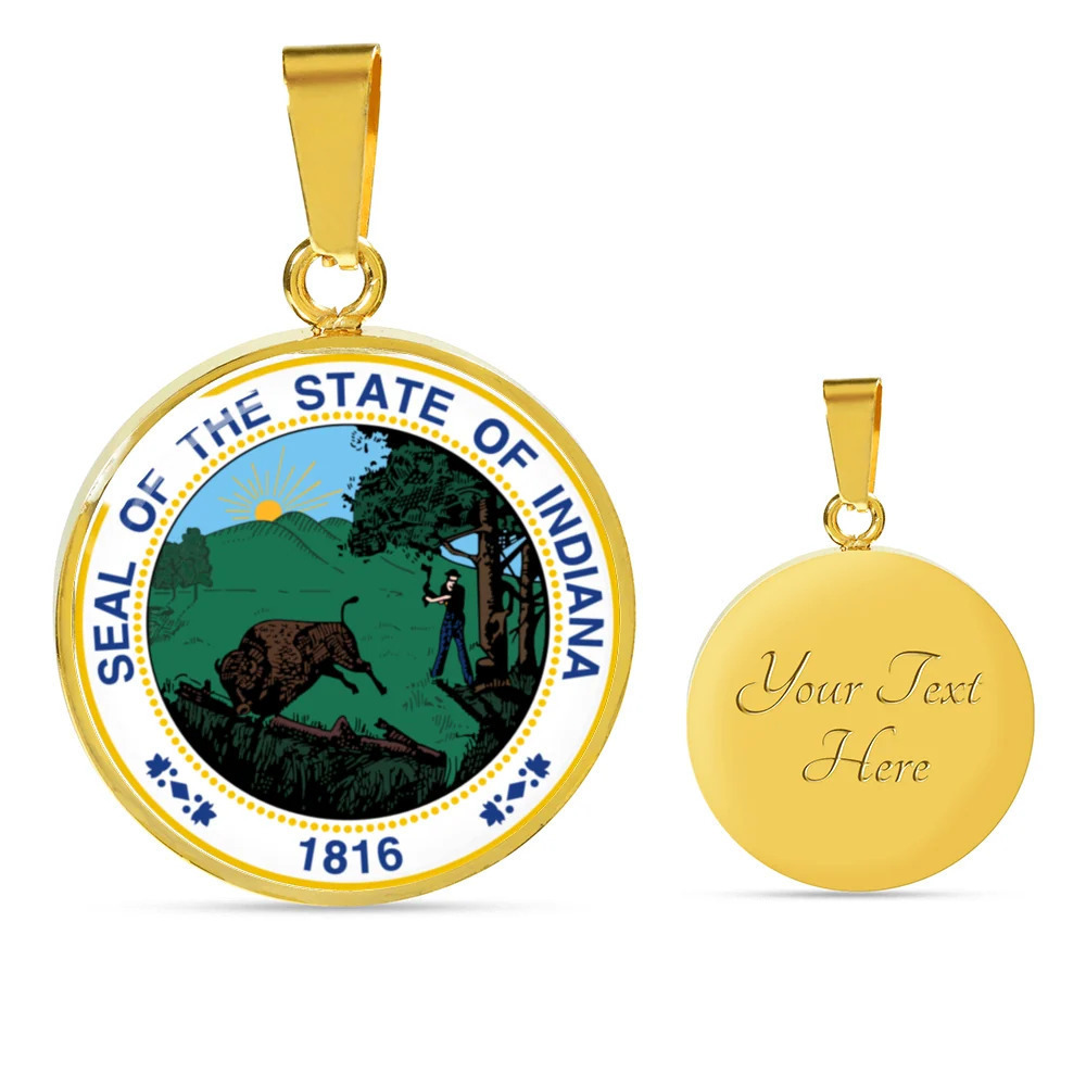 Indiana State Seal Personalized Engraved Gold Circle Necklace Custom Name Date